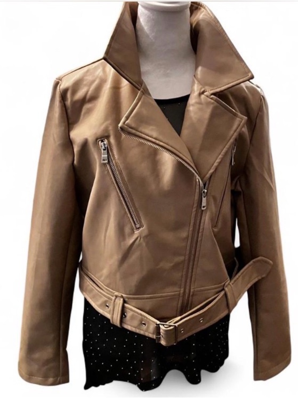 Biker vibes,Brand 🆕 .Stylish Taupe faux Leather Jacket for Women